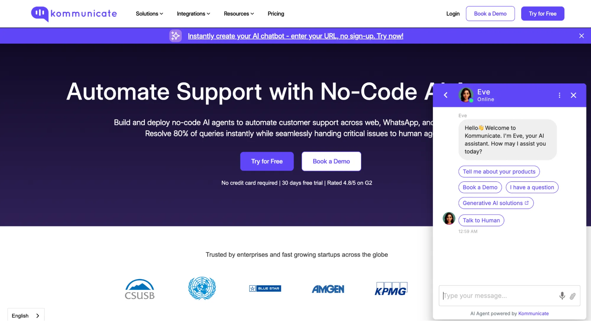 Kommunicate Landing Page Screenshot