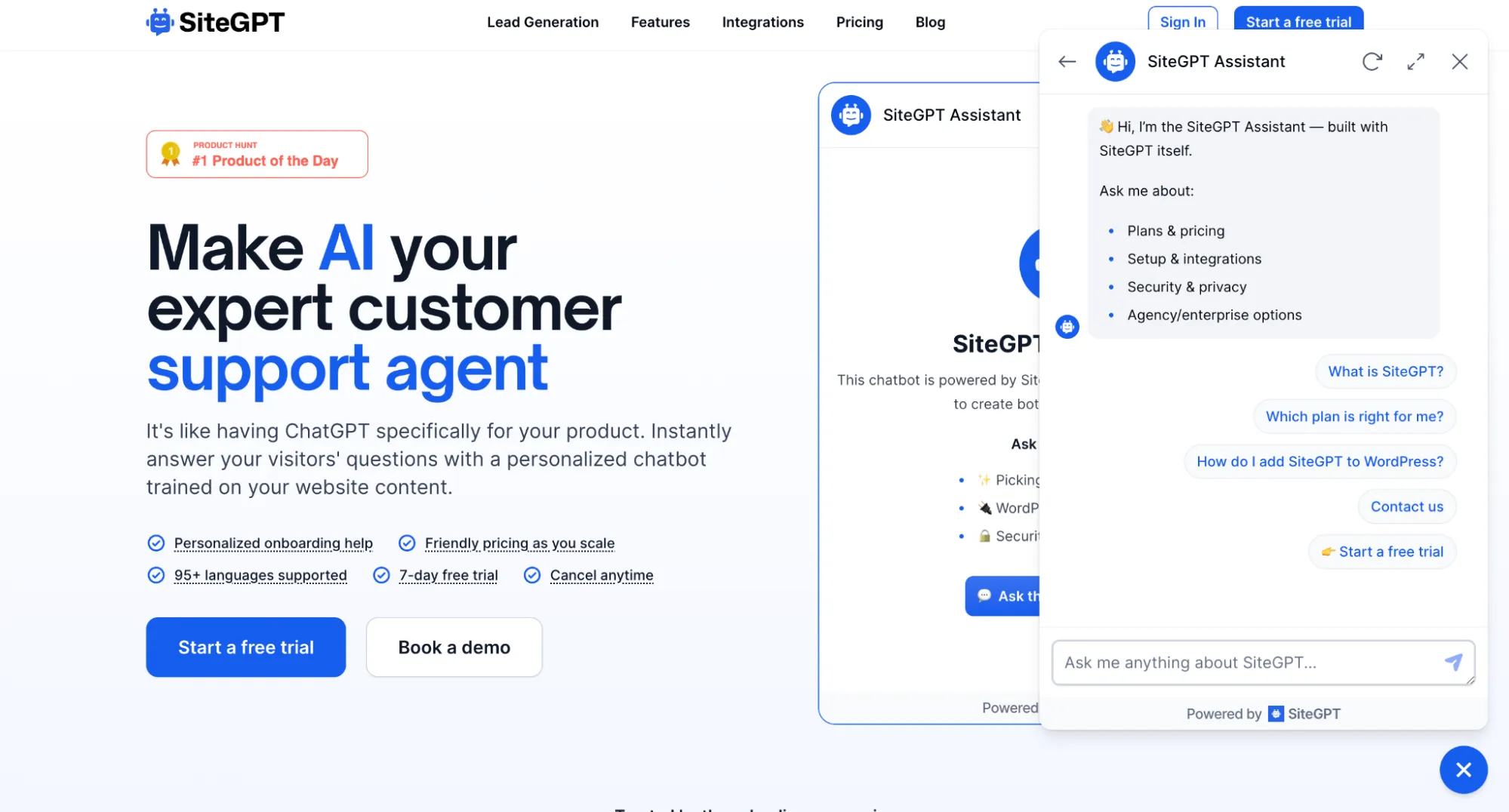 SiteGPT Landing Page Screenshot